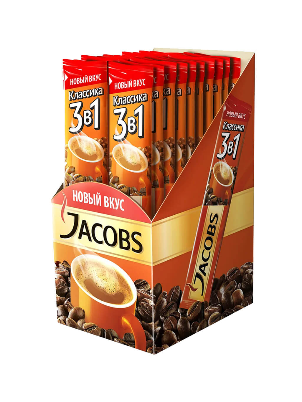 картинка Jacobs Якобс 3в1 Классик Кофе растворимый 13,5 гр 24 штуки порционные стики