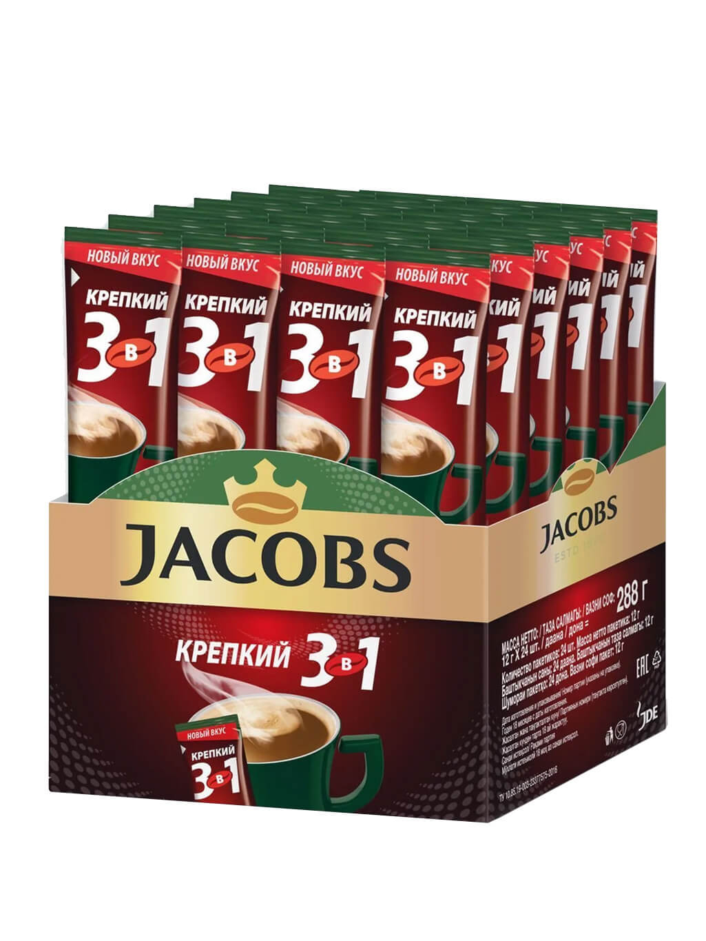 картинка Jacobs Якобс 3в1 Крепкий Кофе растворимый 12 гр 24 штуки порционные стики