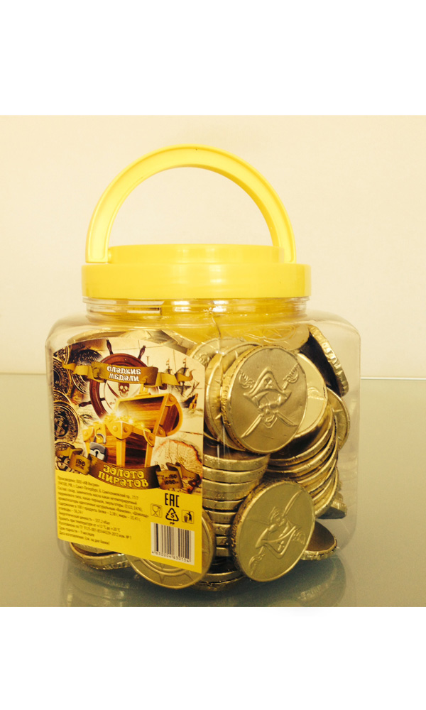 картинка ЗОЛОТО ПИРАТОВ шоколадные монеты в банке. 7г