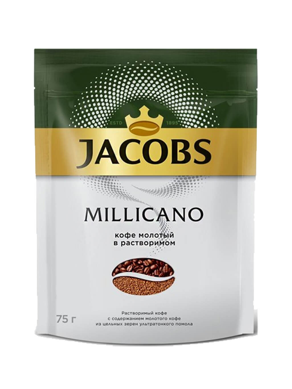 картинка Jacobs MONARCH Millicano Якобс МОНАРХ Милликано Кофе молотый в растворимом 75 гр пакет