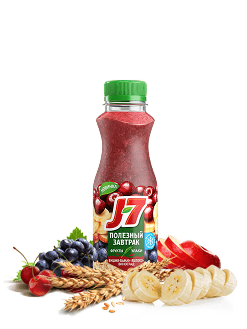 картинка Напиток J7 Полезный завтрак Вишня-Банан-Яблоко-Виноград без сахара 300 мл ПЭТ