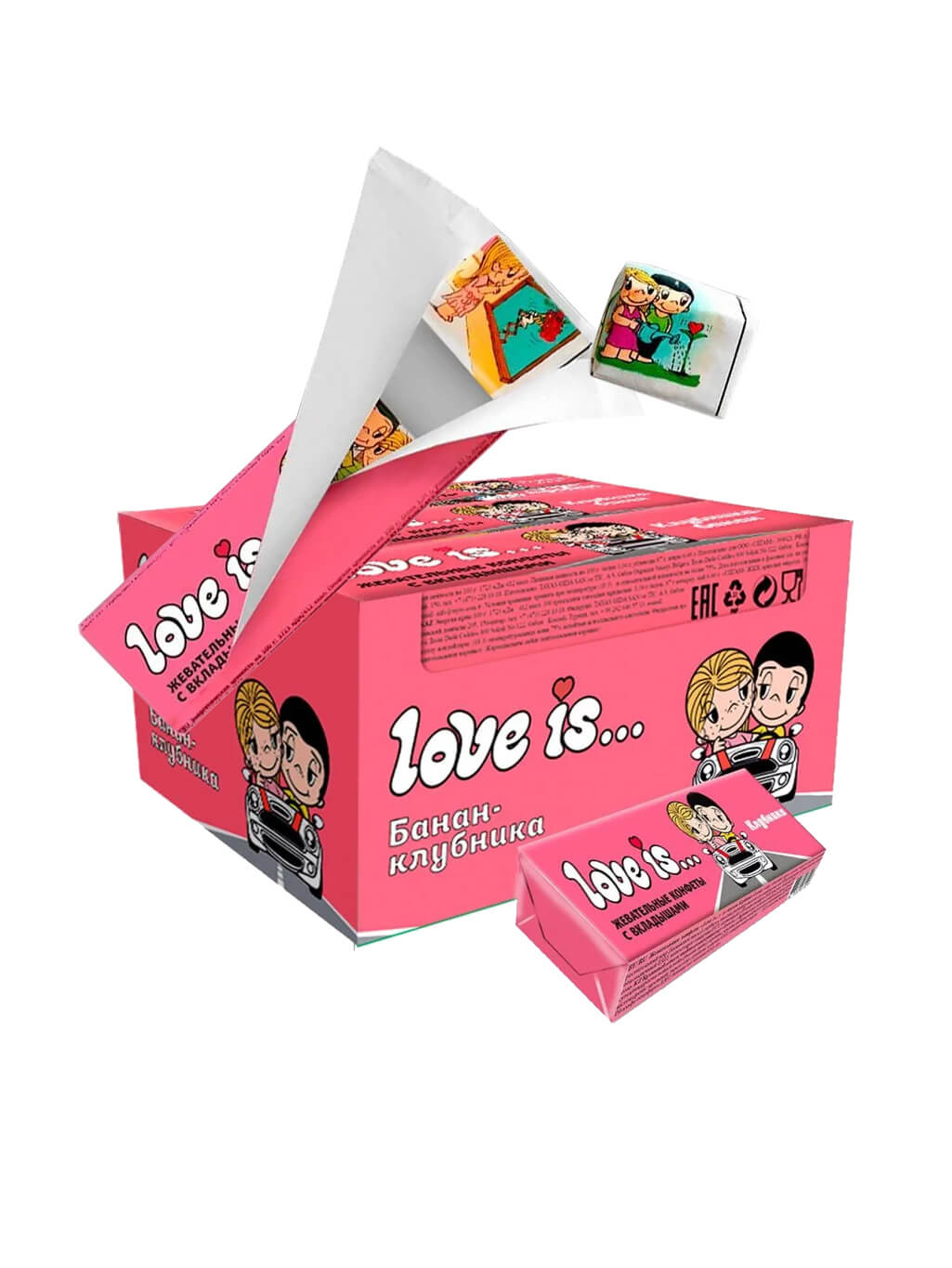 картинка LOVE IS жевательные конфеты со вкусом Клубники 18*12*25г шоу-бокс